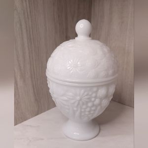 1960's AVON Compote Milk Glass Lidded Compote, Embossed Floral